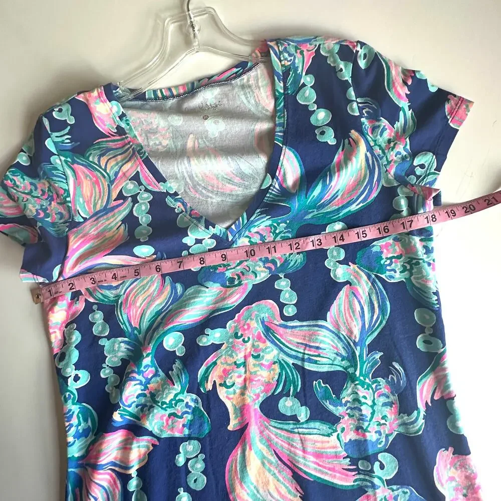 Lilly Pulitzer Michele Tee Womens Medium Blue Going Coastal Print Jersey Top
